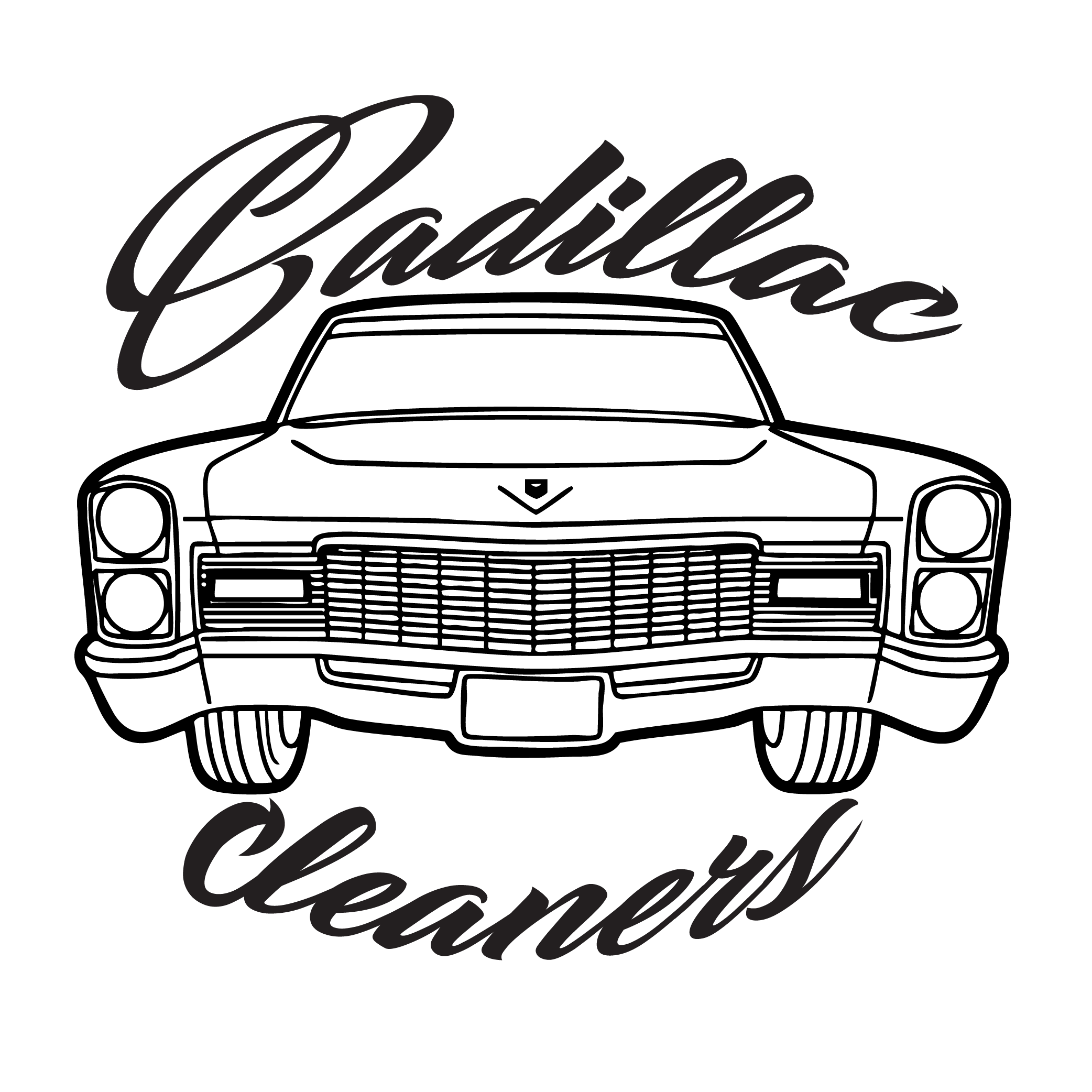Line drawing of a classic Cadillac car with the words "Cadillac Cleaners" in stylized script above and below the vehicle.