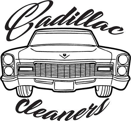 Line drawing of a classic Cadillac car with the words "Cadillac Cleaners" written in cursive above and below the car.
