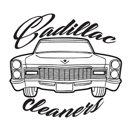 Black and white logo of a vintage Cadillac car with the text "Cadillac Cleaners" above and below the illustration.