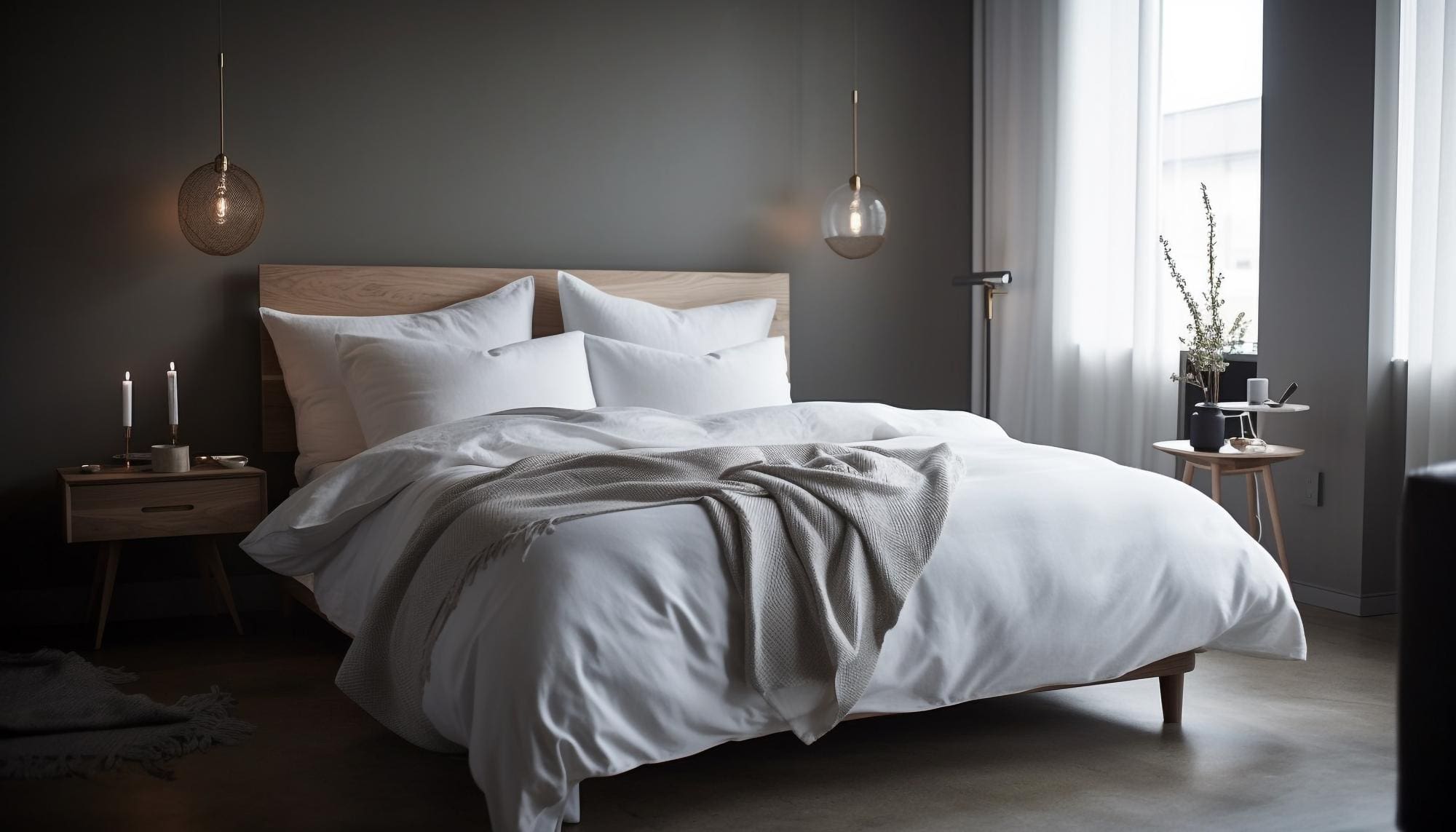 A neatly made bed with white linens and a beige throw in a modern bedroom with gray walls, wooden furniture, pendant lights, and a window with sheer curtains.