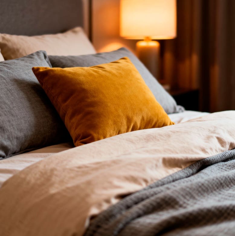 A neatly made bed with beige and gray bedding, featuring a mustard yellow accent pillow. A lit lamp and nightstand are visible in the background.