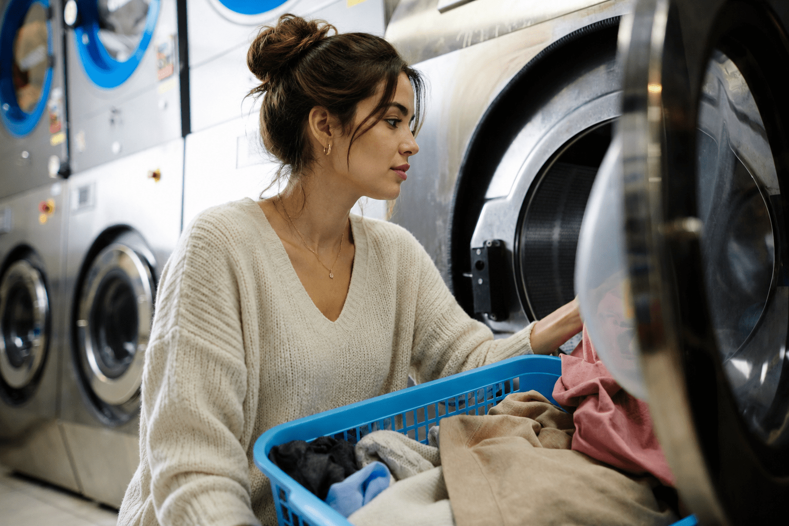 A woman loads clothes from a blue laundry basket into a front-loading washing machine at a laundromat.
